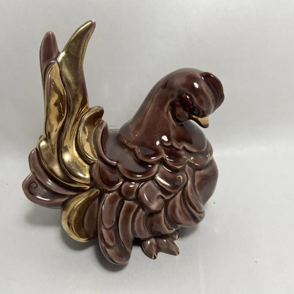 Ceramic Brown Hen with Gold Glazed Tail Figurine Vintage 5 inch No brand -Chips